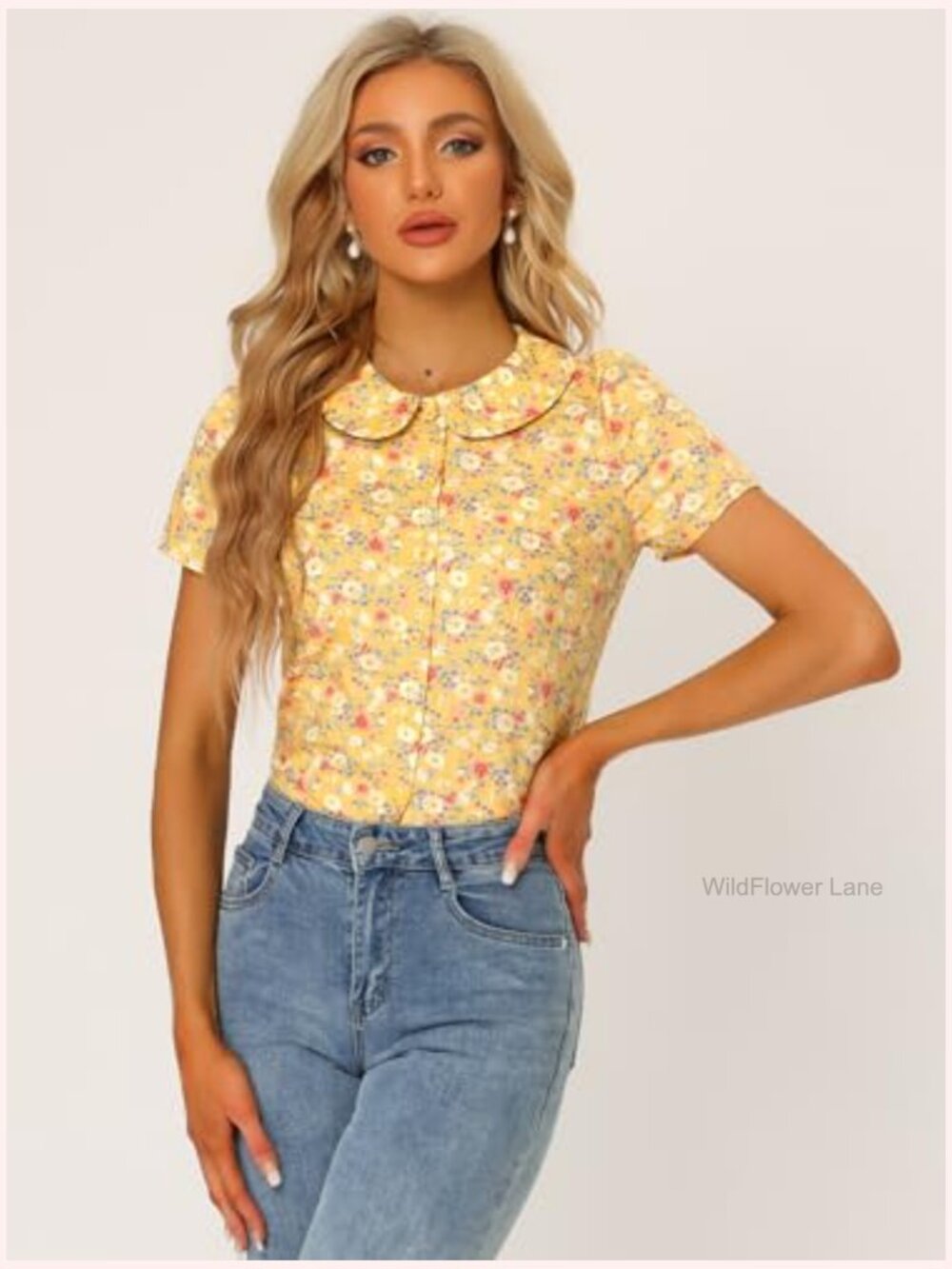 Vintage Floral Peter Pan Collar Button Front Blouse Short Sleeve - Picture 3 of 5